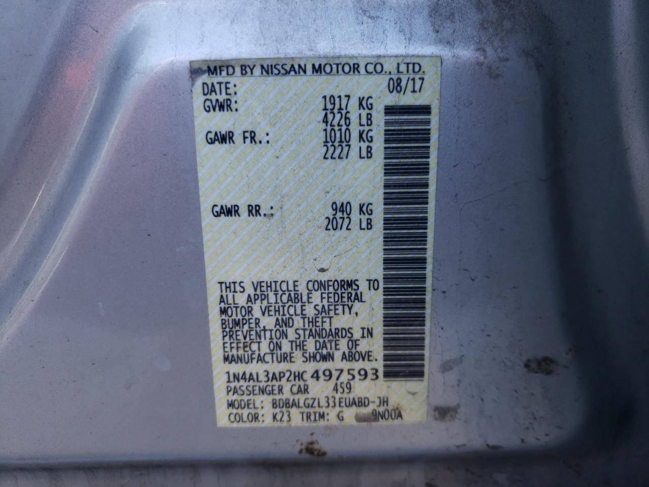 Photo 10 from auction – 2017 NISSAN ALTIMA 2.5 with VIN 1N4AL3AP2HC497593