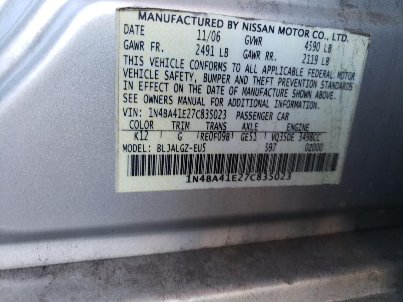 Photo 10 from auction – 2007 NISSAN MAXIMA SE with VIN 1N4BA41E27C835023
