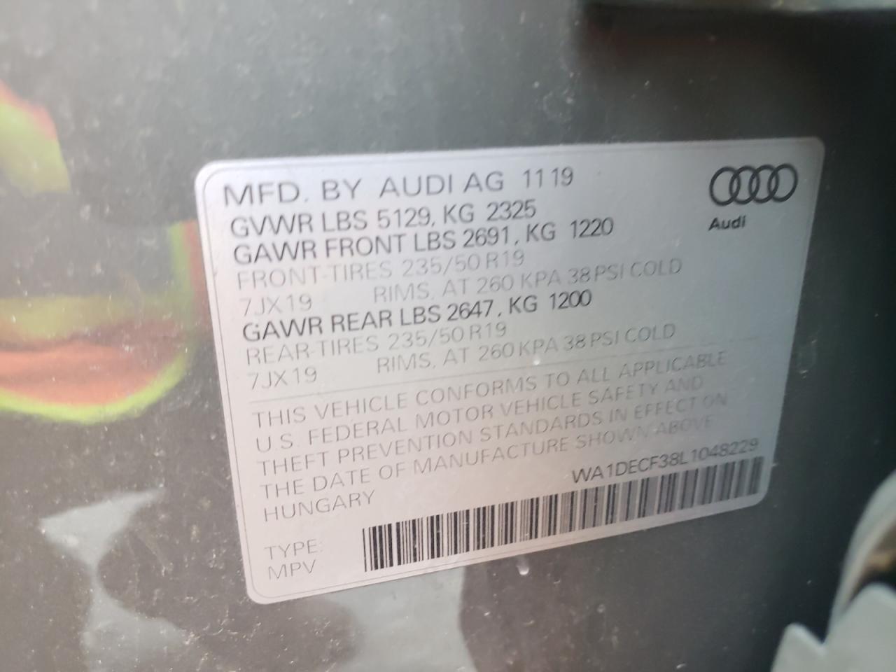 Photo 10 from auction – 2020 AUDI Q3 PREMIUM with VIN WA1DECF38L1048229