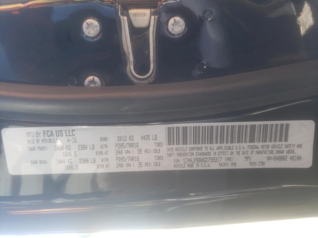 Photo 10 from auction – 2016 JEEP PATRIOT SP with VIN 1C4NJPBB0GD739317
