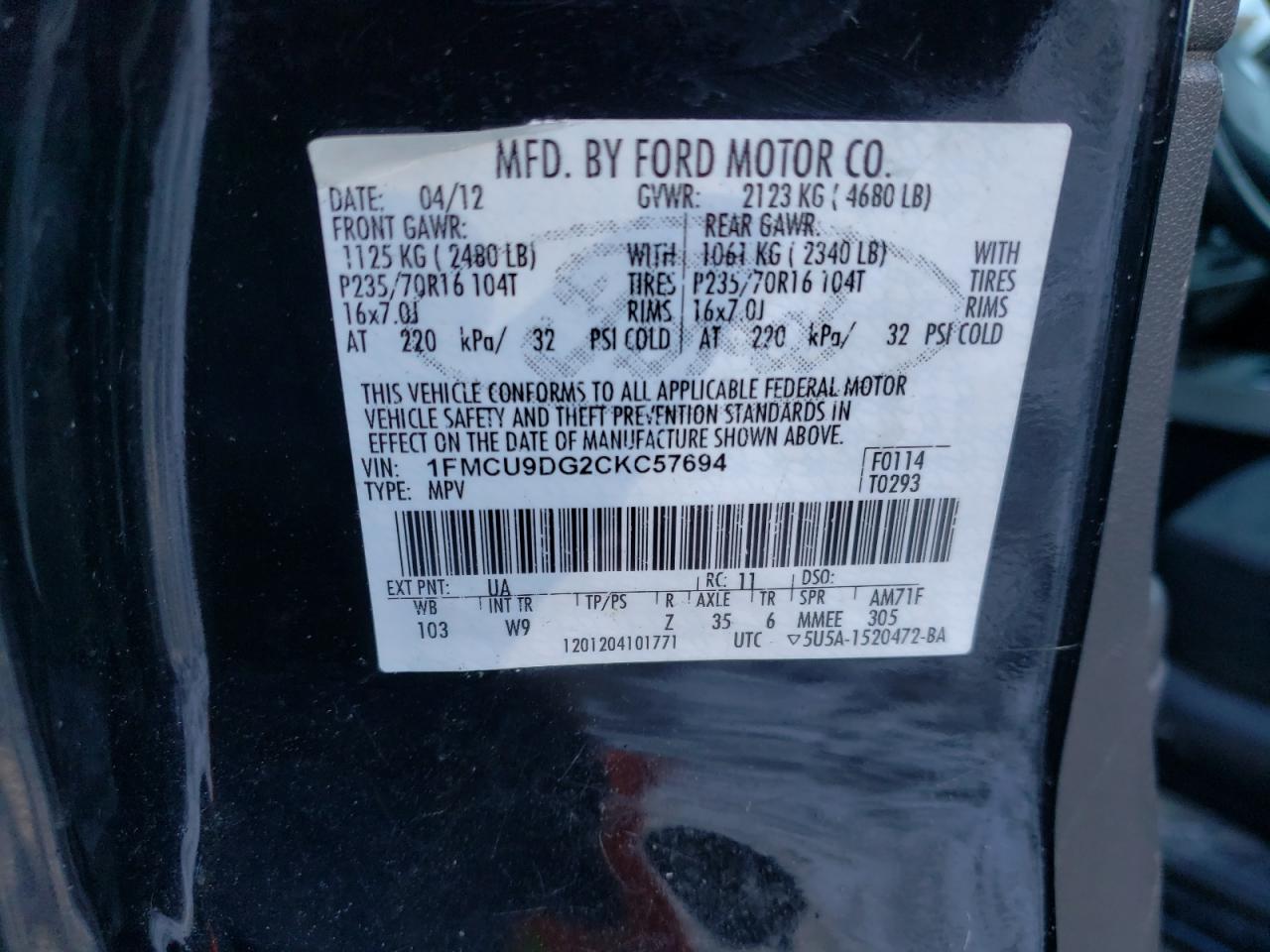 Photo 10 from auction – 2012 FORD ESCAPE with VIN 1FMCU9DG2CKC57694