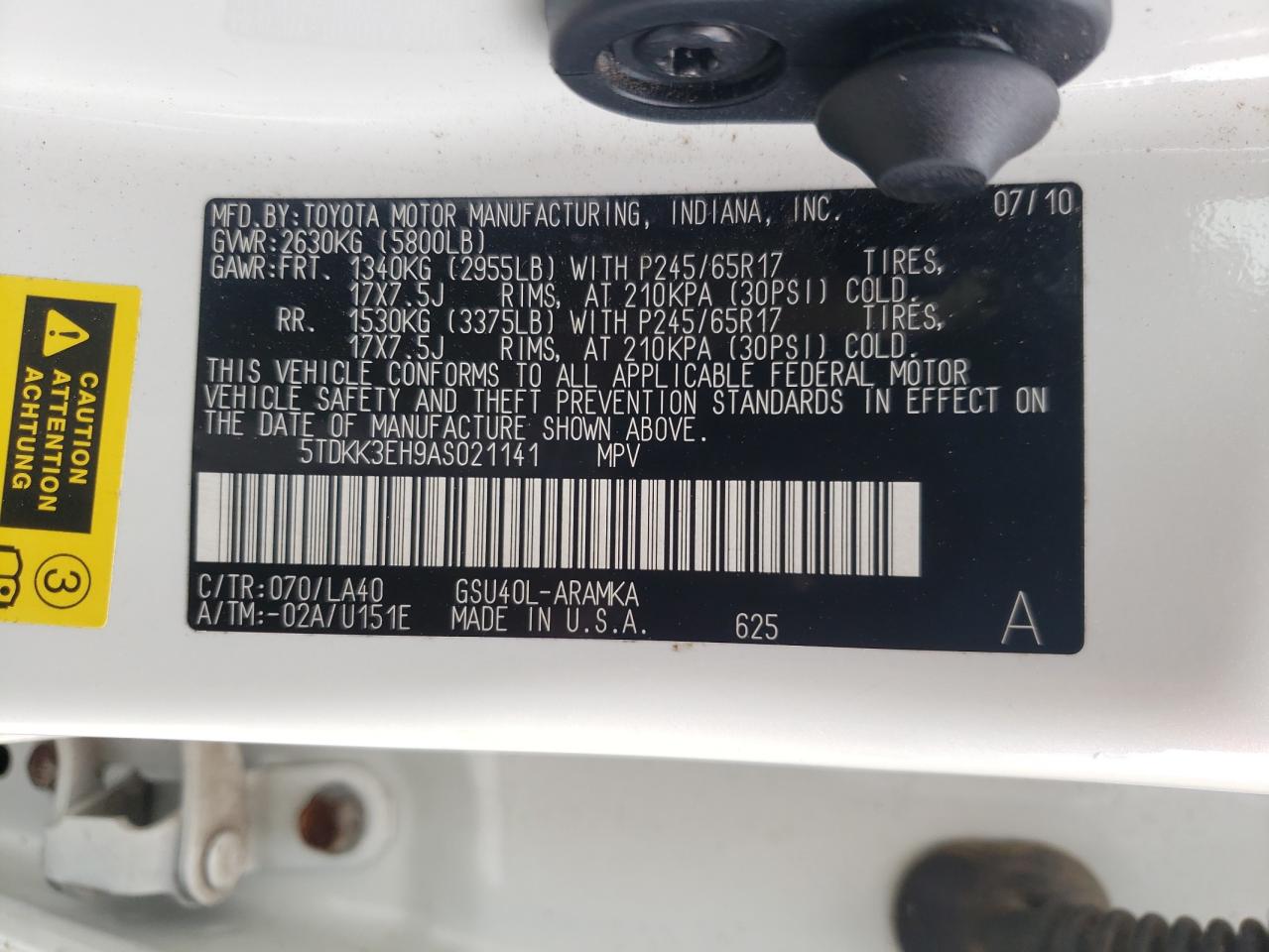 Photo 10 from auction – 2010 TOYOTA HIGHLANDER with VIN 5TDKK3EH9AS021141