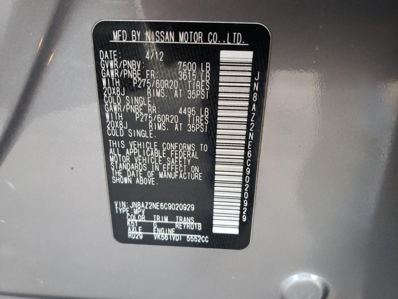 Photo 10 from auction – 2012 INFINITI QX56 with VIN JN8AZ2NE6C9020929
