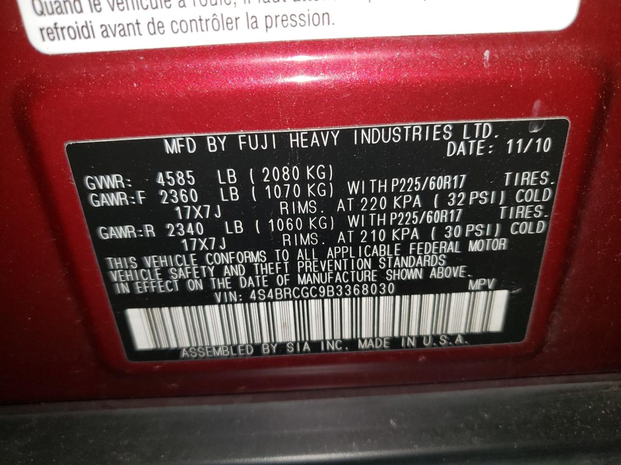 Photo 10 from auction – 2011 SUBARU OUTBACK 2. with VIN 4S4BRCGC9B3368030