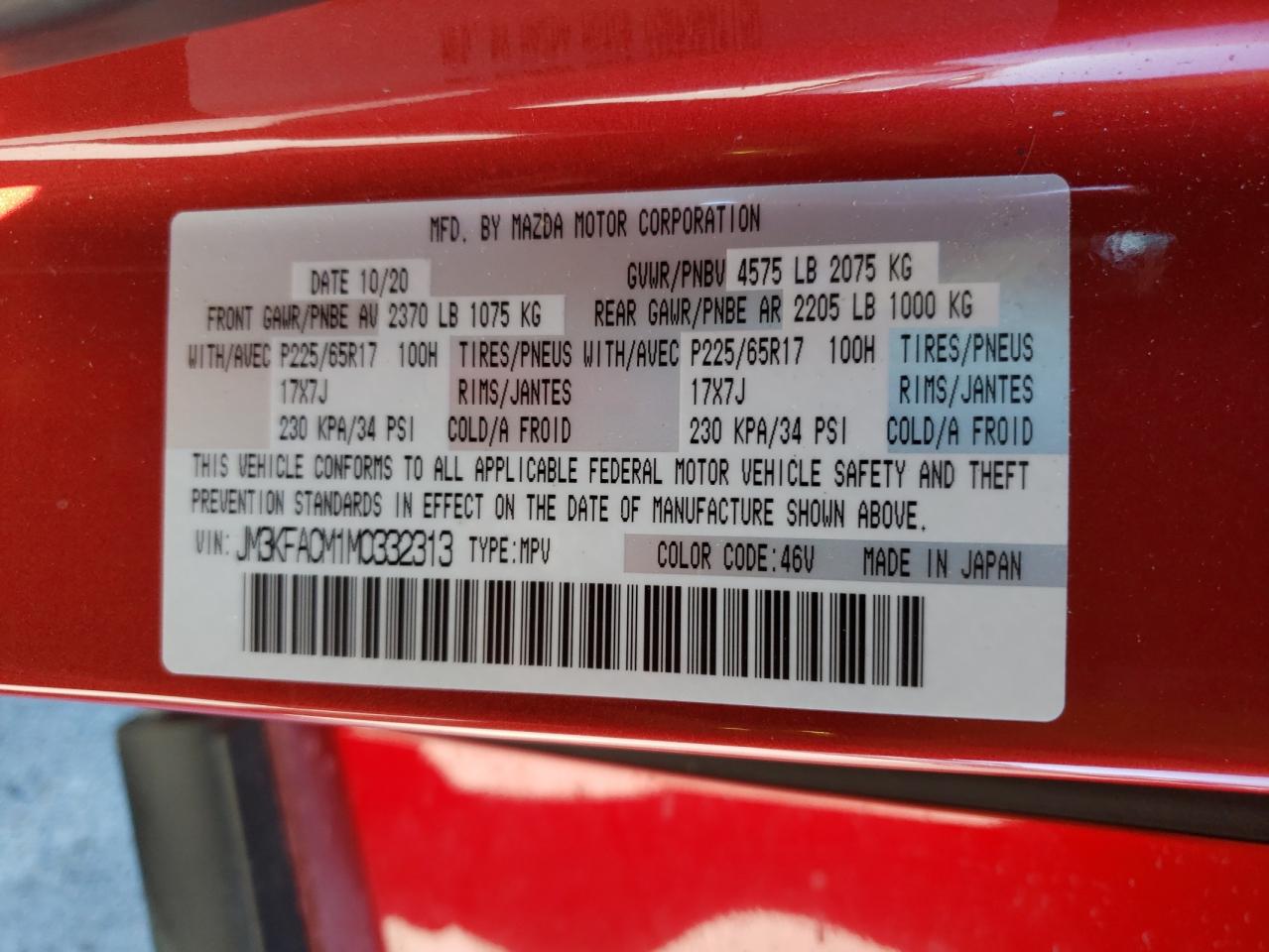 Photo 10 from auction – 2021 MAZDA CX-5 TOURI with VIN JM3KFACM1M0332313