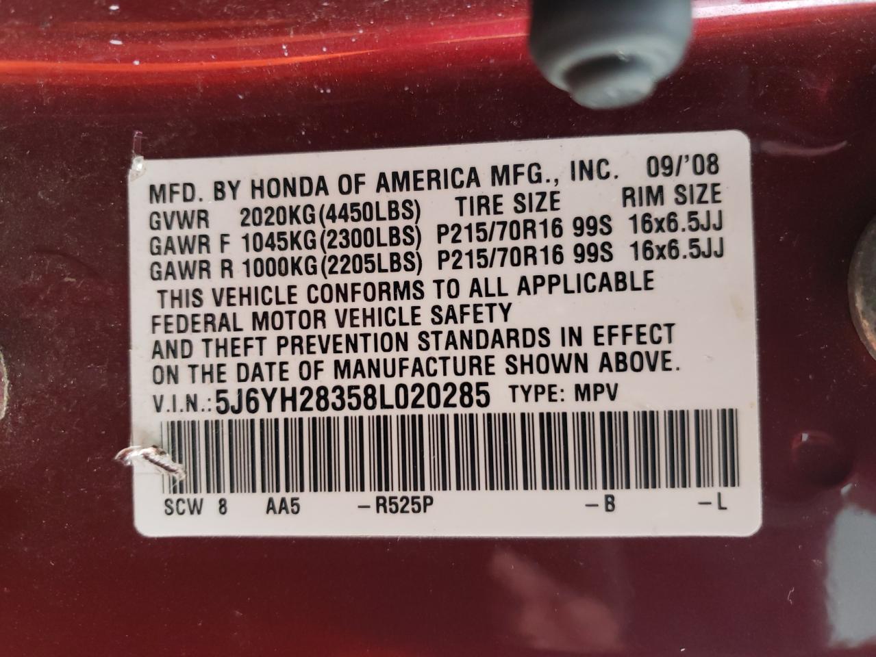 Photo 10 from auction – 2008 HONDA ELEMENT LX with VIN 5J6YH28358L020285