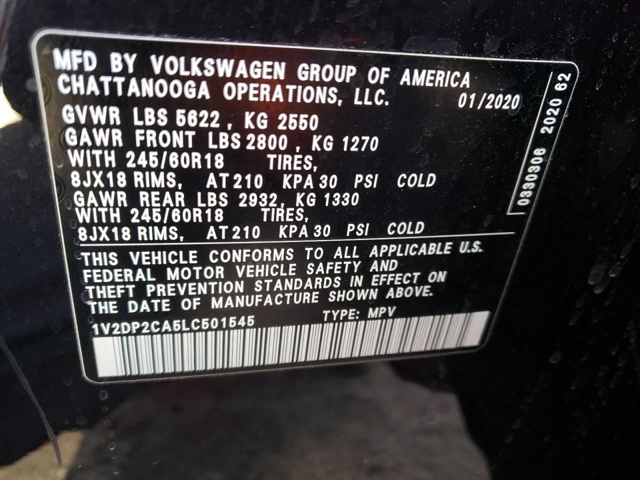Photo 10 from auction – 2020 VOLKSWAGEN ATLAS SE with VIN 1V2DP2CA5LC501545
