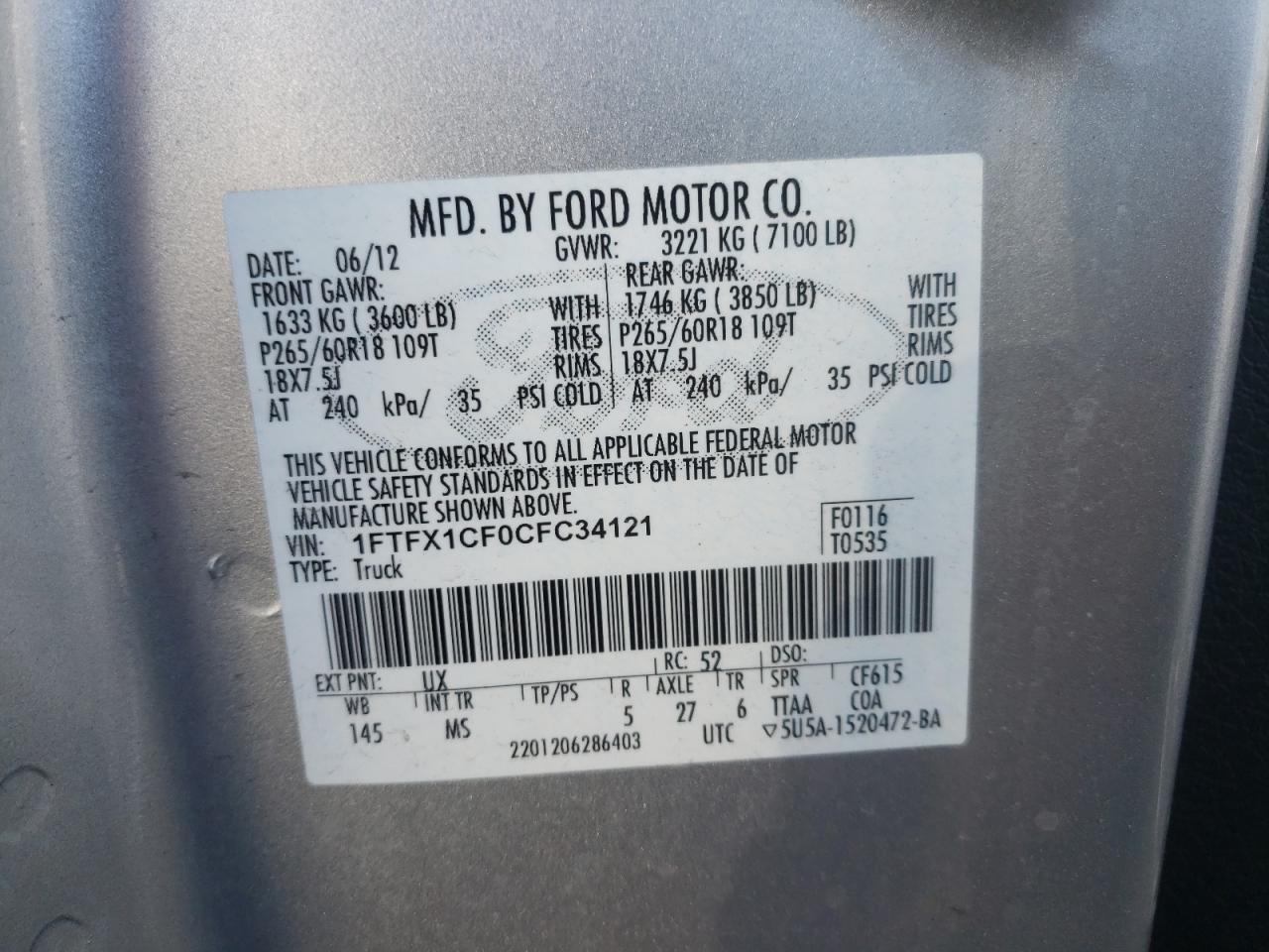 Photo 10 from auction – 2012 FORD F150 SUPER with VIN 1FTFX1CF0CFC34121