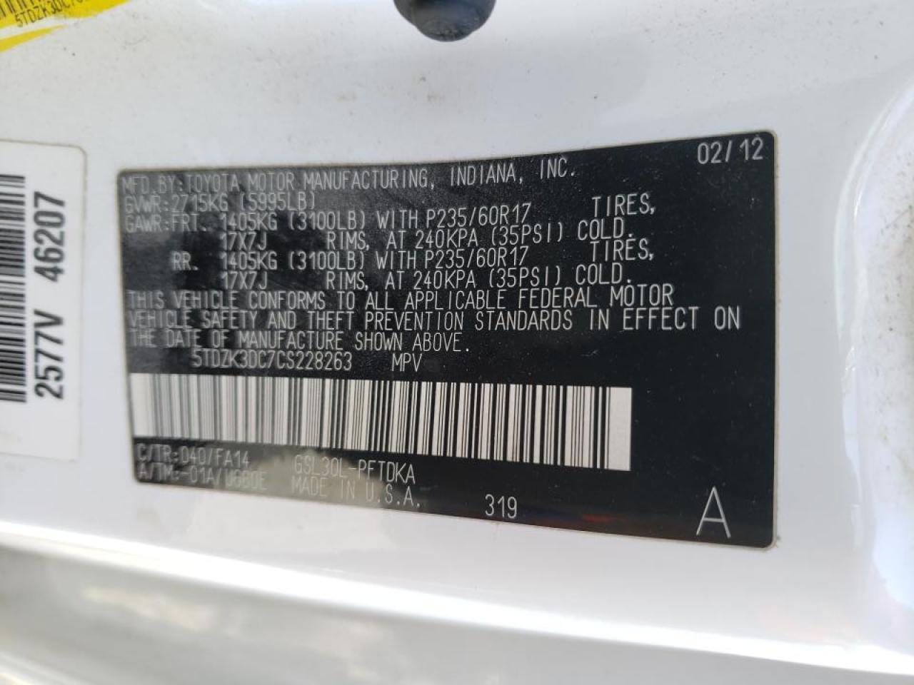 Photo 10 from auction – 2012 TOYOTA SIENNA with VIN 5TDZK3DC7CS228263