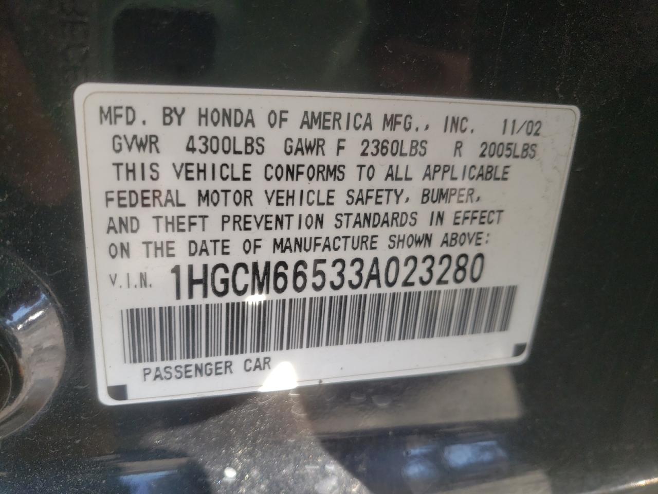 Photo 10 from auction – 2003 HONDA ACCORD EX with VIN 1HGCM66533A023280