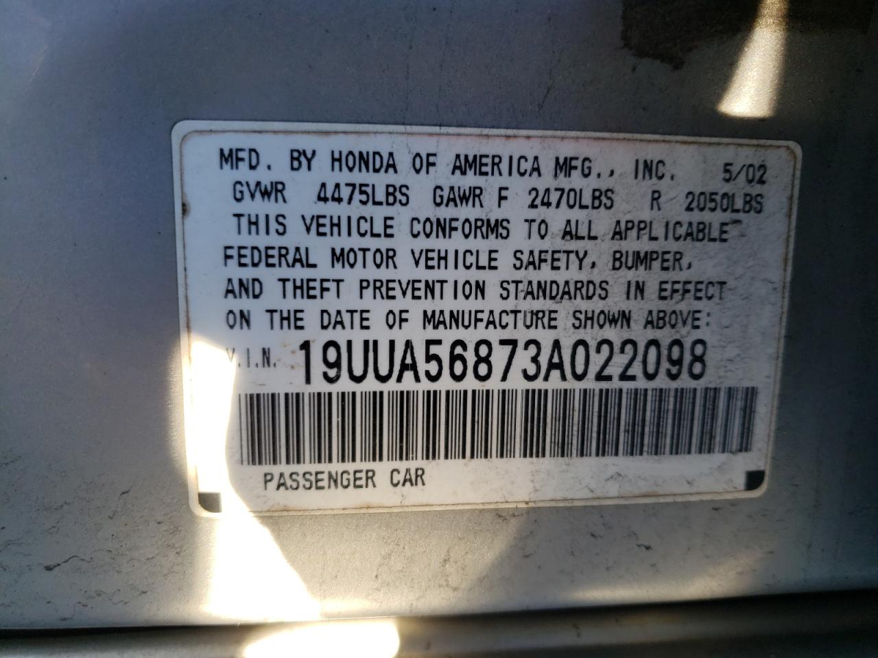 Photo 10 from auction – 2003 ACURA 3.2TL TYPE with VIN 19UUA56873A022098