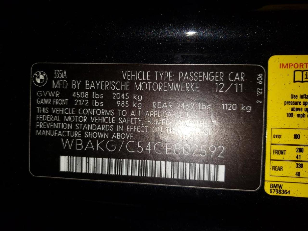 Photo 10 from auction – 2012 BMW 335 I with VIN WBAKG7C54CE802592