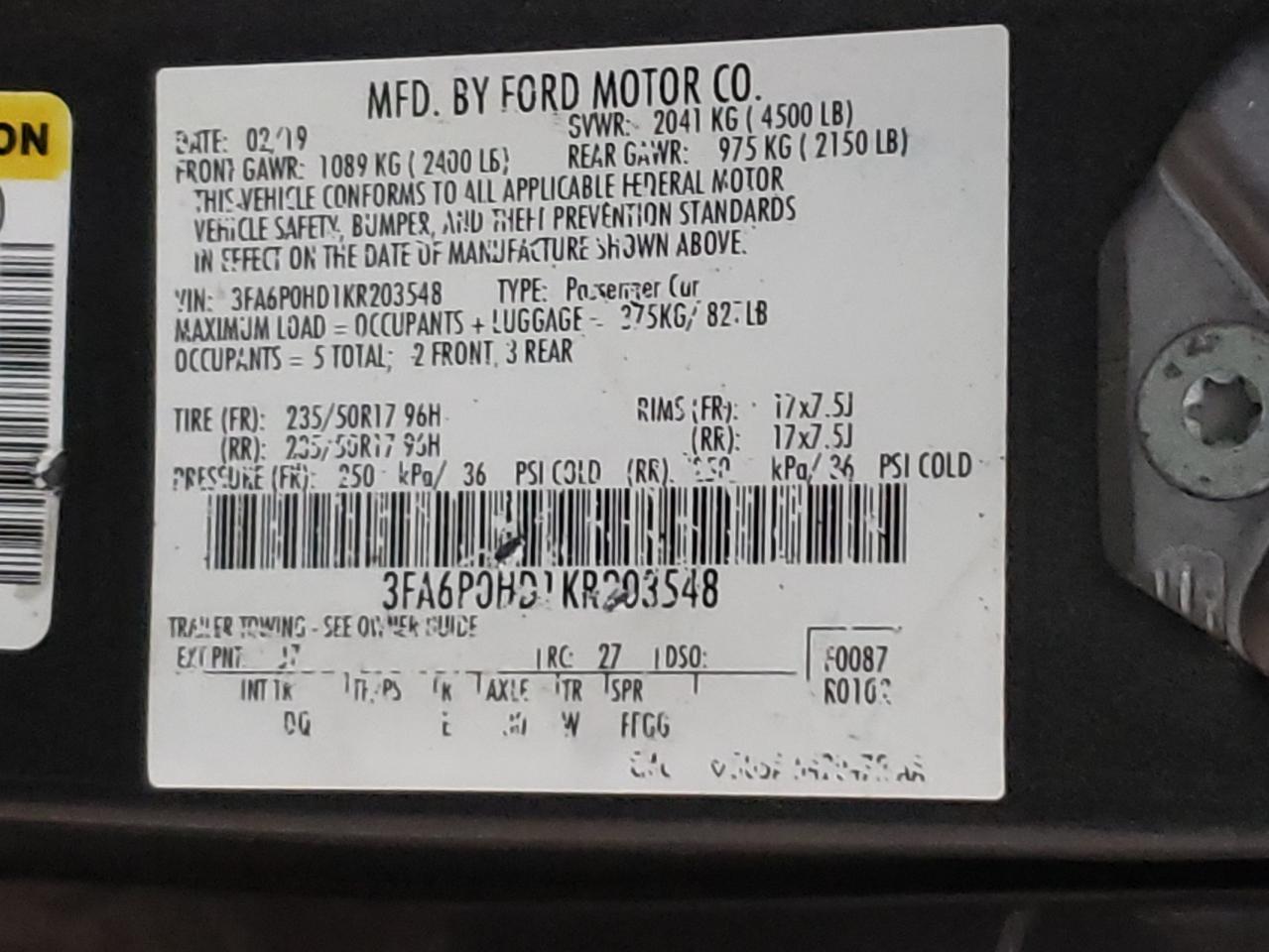 Photo 10 from auction – 2019 FORD FUSION SE with VIN 3FA6P0HD1KR203548