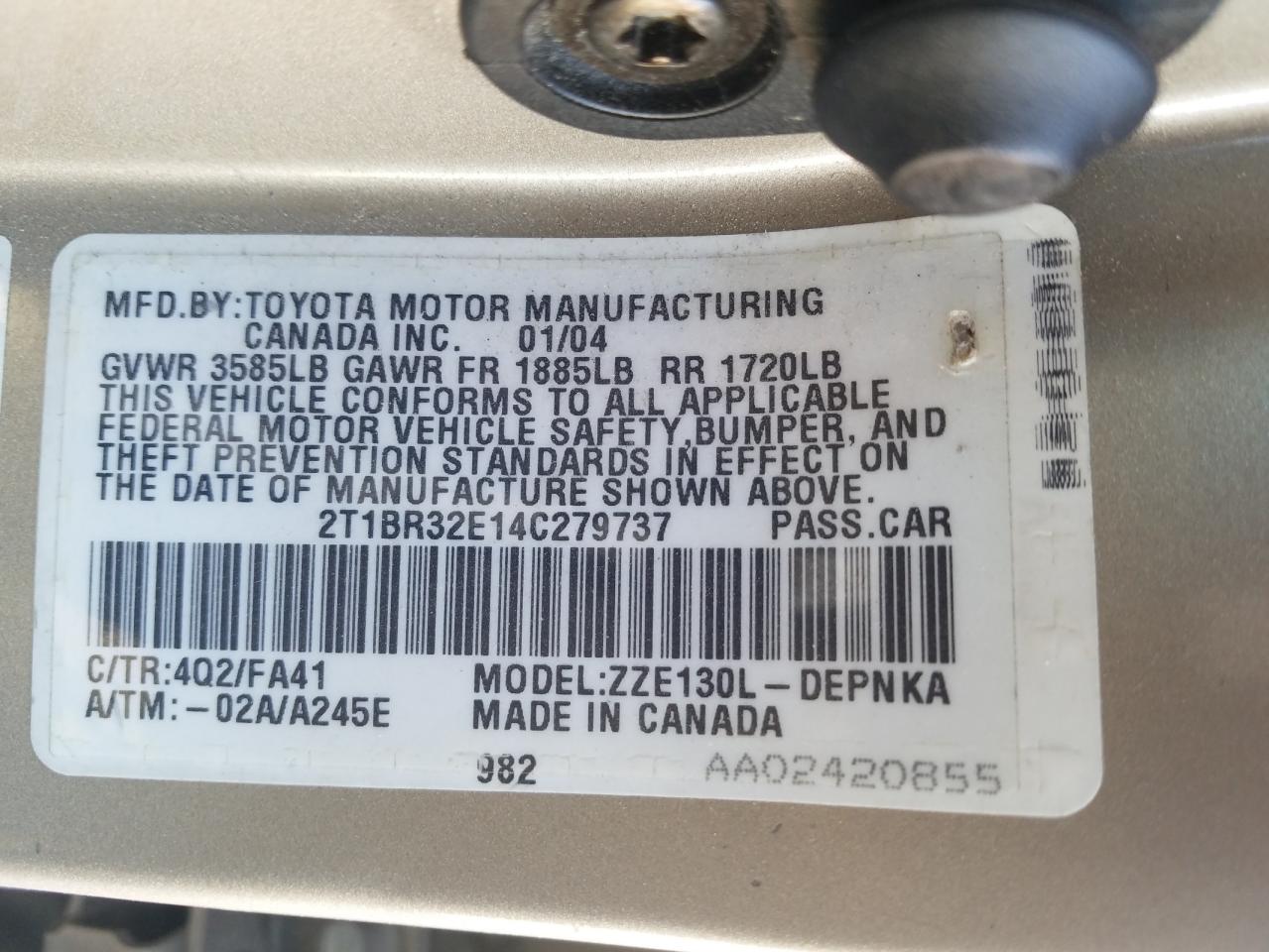 Photo 10 from auction – 2004 TOYOTA COROLLA CE with VIN 2T1BR32E14C279737