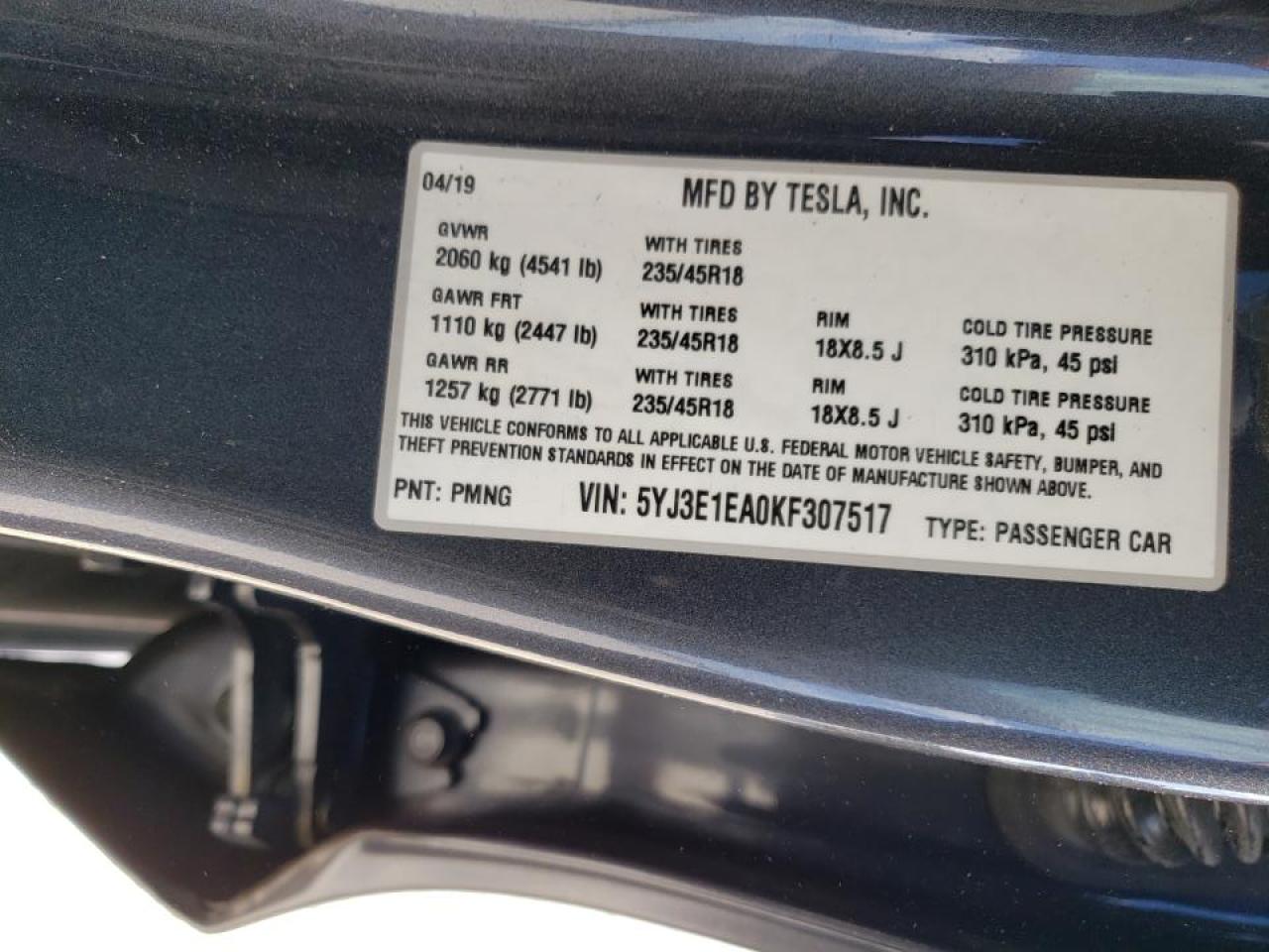 Photo 10 from auction – 2019 TESLA MODEL 3 with VIN 5YJ3E1EA0KF307517