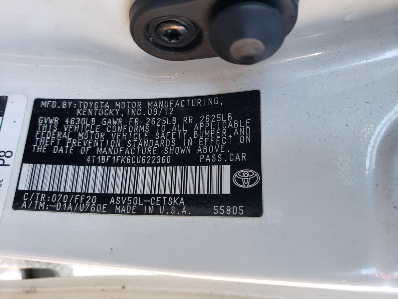 Photo 10 from auction – 2012 TOYOTA CAMRY BASE with VIN 4T1BF1FK6CU622360