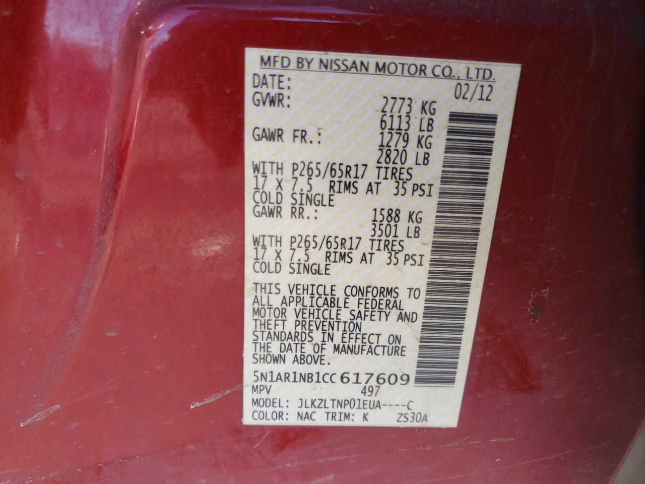 Photo 10 from auction – 2012 NISSAN PATHFINDER with VIN 5N1AR1NB1CC617609