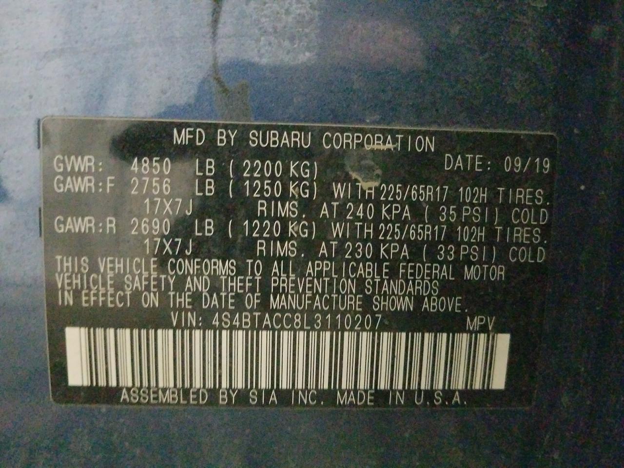Photo 10 from auction – 2020 SUBARU OUTBACK PR with VIN 4S4BTACC8L3110207
