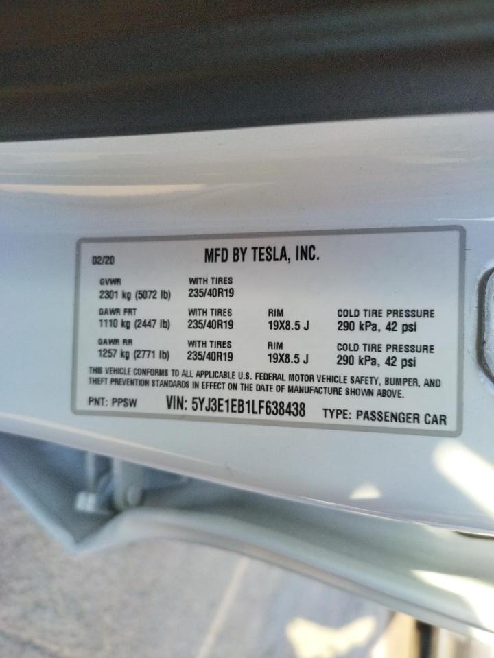 Photo 10 from auction – 2020 TESLA MODEL 3 with VIN 5YJ3E1EB1LF638438