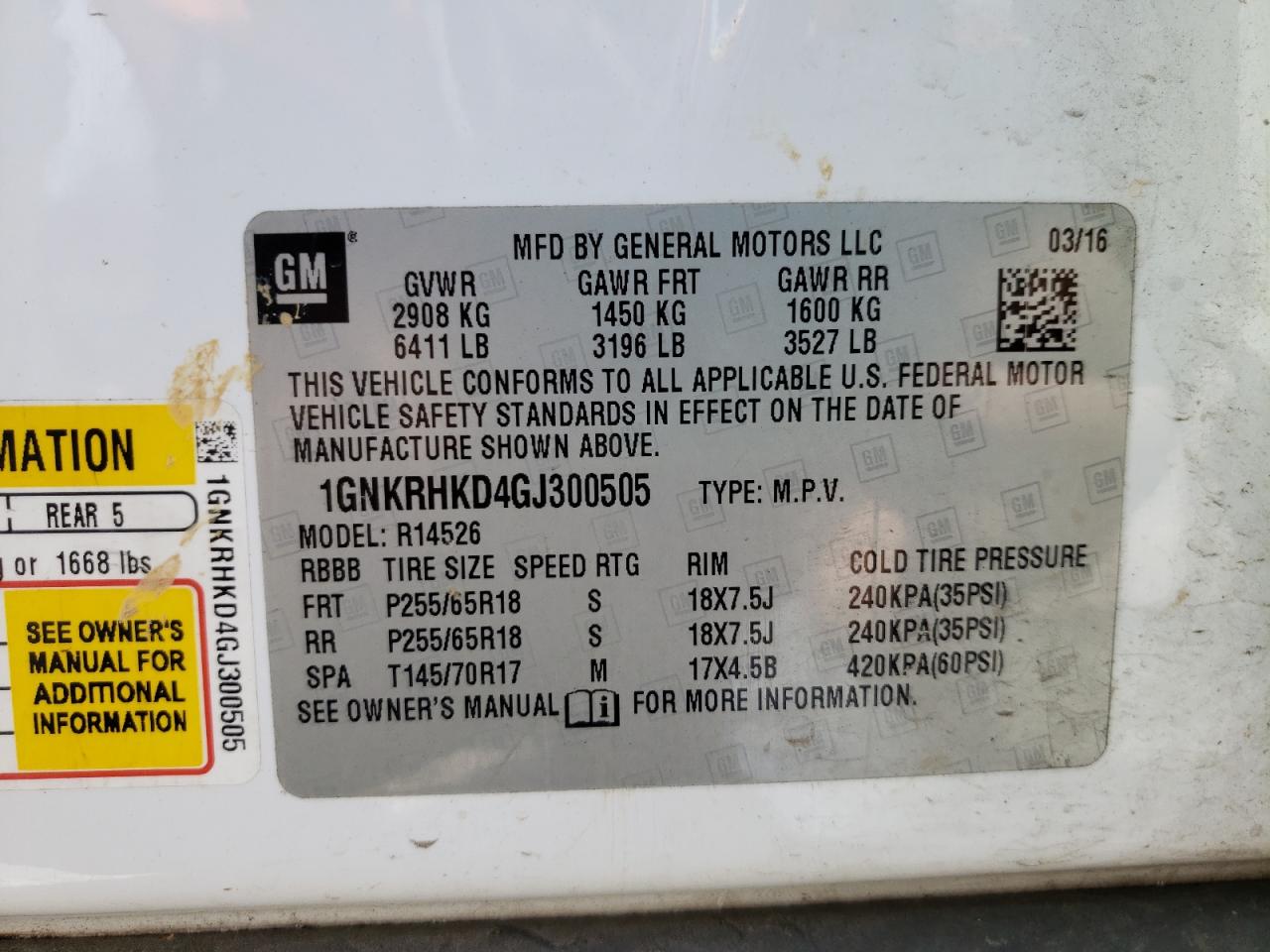 Photo 10 from auction – 2016 CHEVROLET TRAVERSE L with VIN 1GNKRHKD4GJ300505