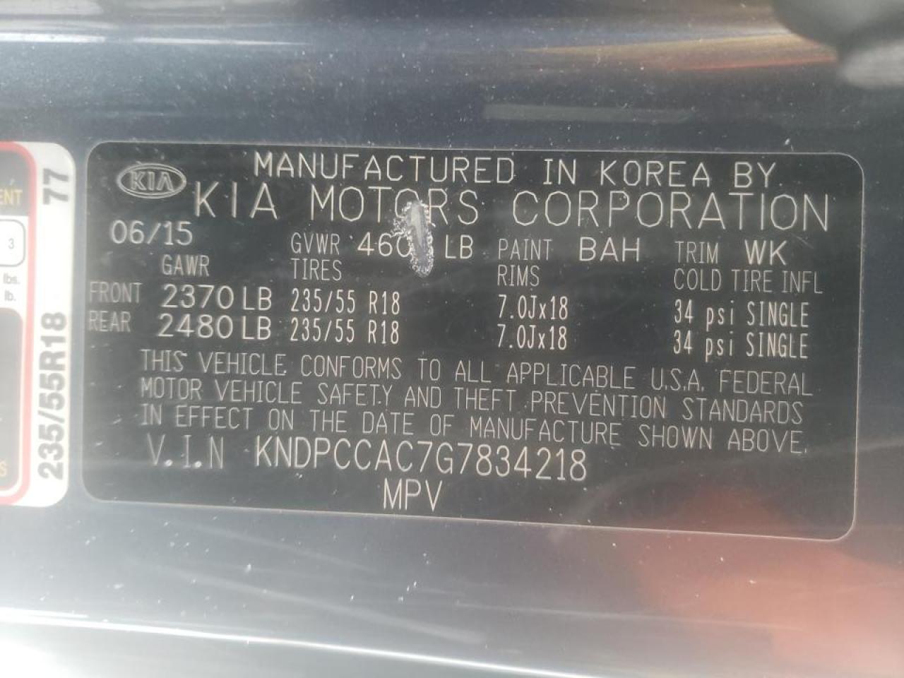 Photo 10 from auction – 2016 KIA SPORTAGE E with VIN KNDPCCAC7G7834218