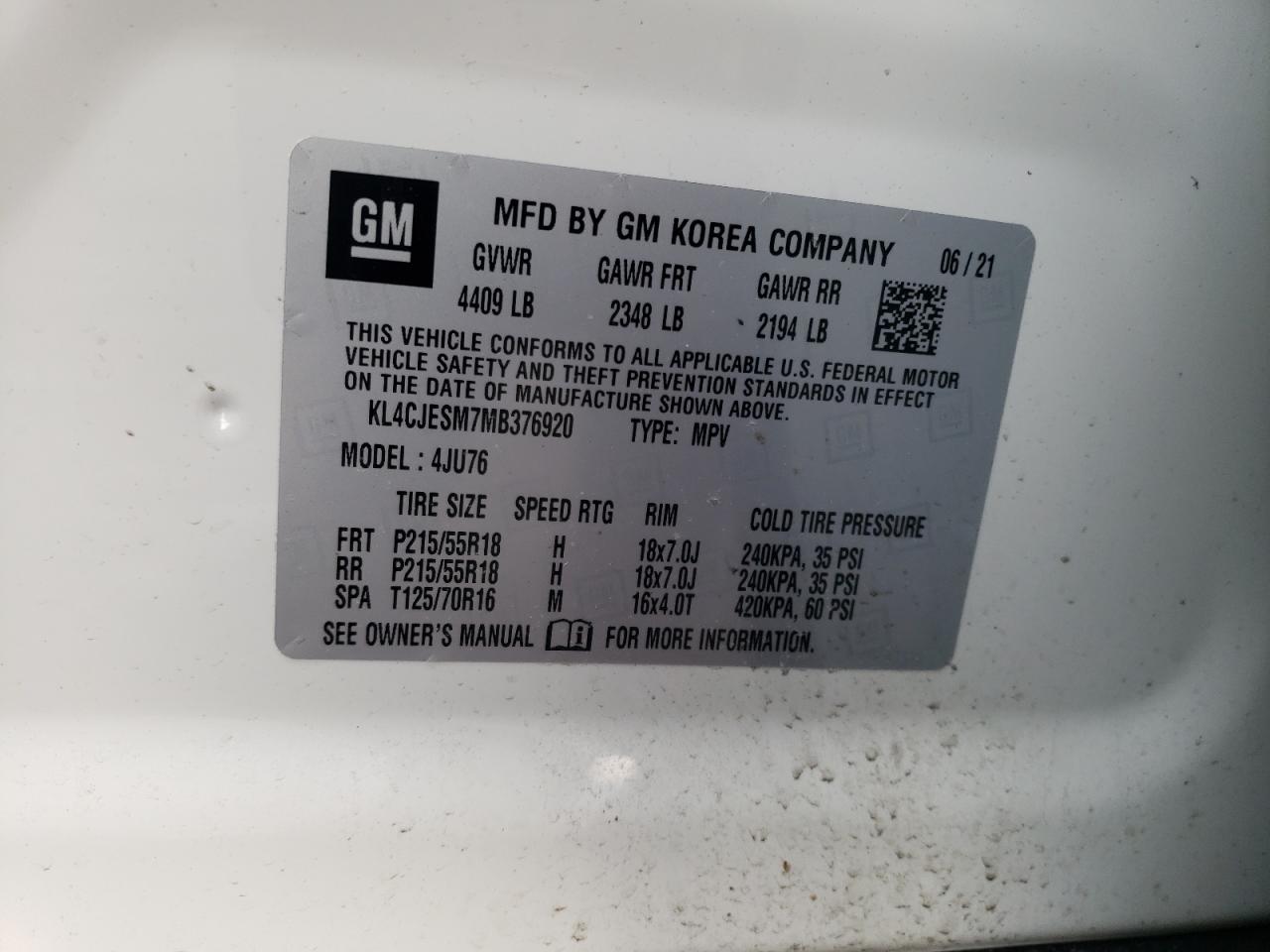 Photo 10 from auction – 2021 BUICK ENCORE PRE with VIN KL4CJESM7MB376920