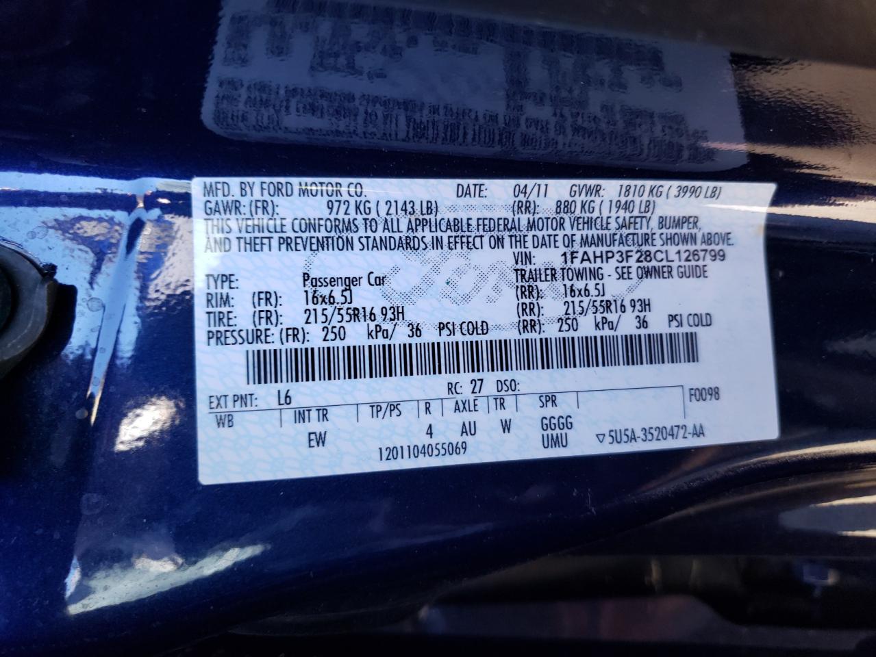 Photo 10 from auction – 2012 FORD FOCUS SE with VIN 1FAHP3F28CL126799