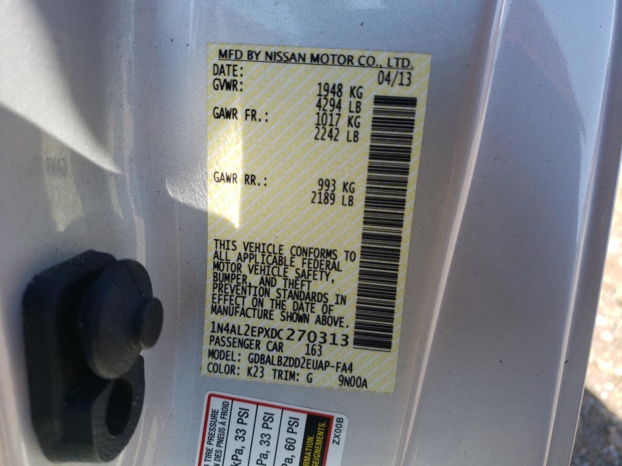 Photo 10 from auction – 2013 NISSAN ALTIMA S with VIN 1N4AL2EPXDC270313