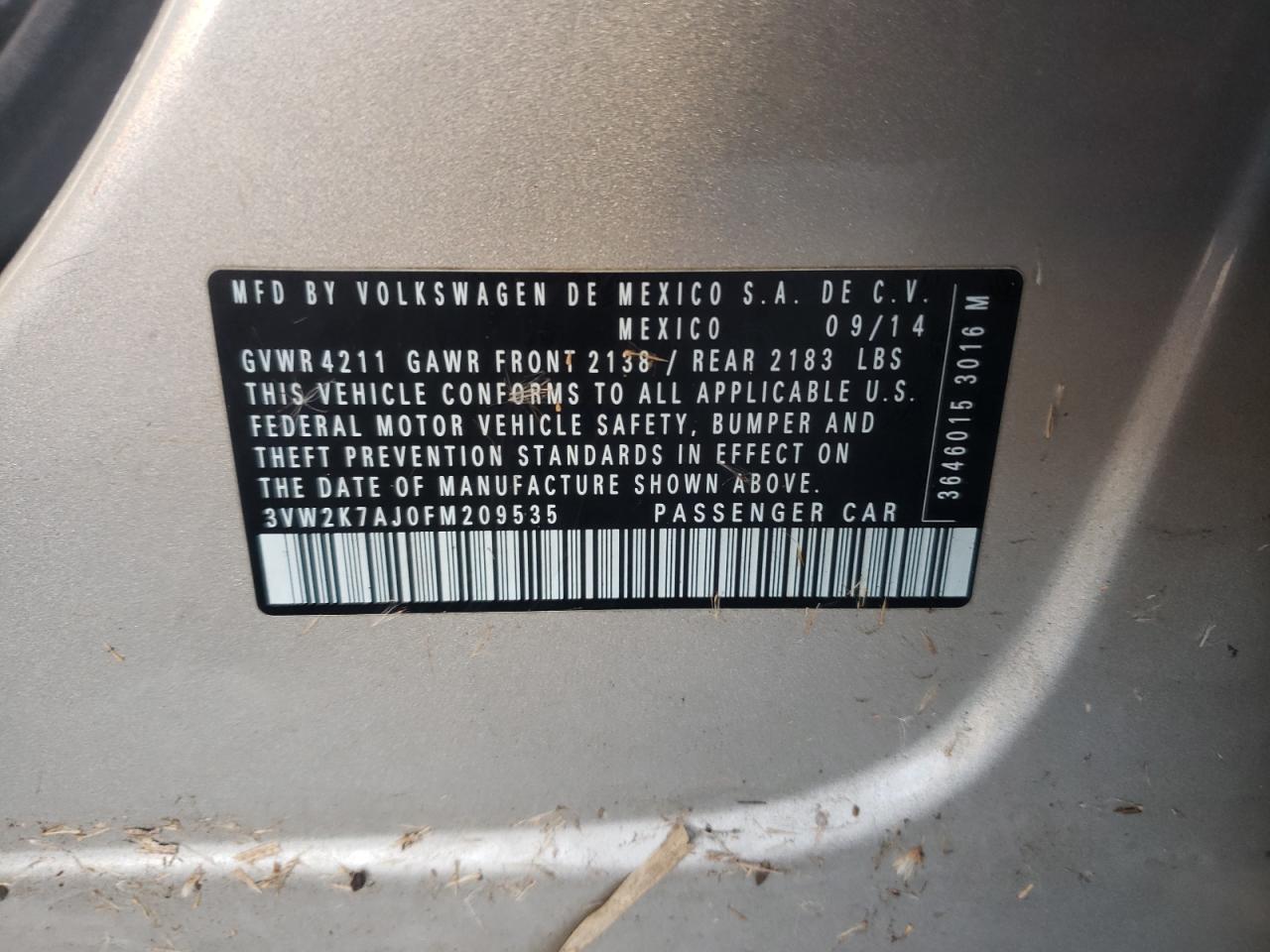 Photo 10 from auction – 2015 VOLKSWAGEN JETTA BASE with VIN 3VW2K7AJ0FM209535