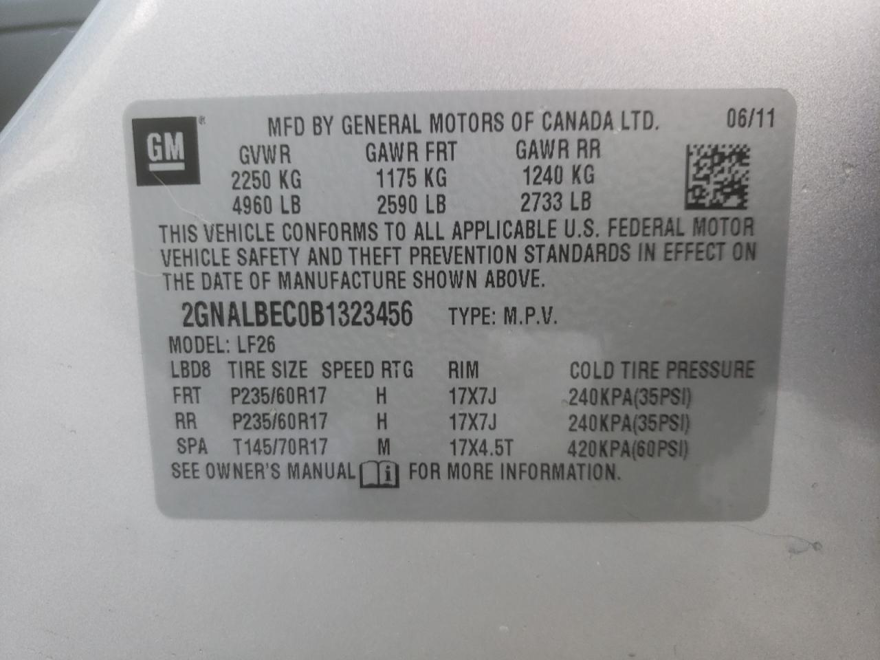 Photo 10 from auction – 2011 CHEVROLET EQUINOX LS with VIN 2GNALBEC0B1323456