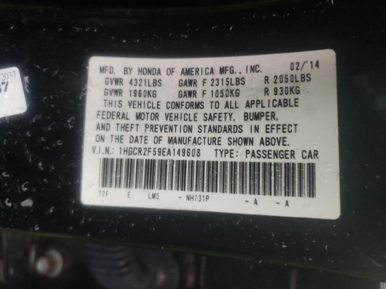 Photo 10 from auction – 2014 HONDA ACCORD SPO with VIN 1HGCR2F59EA149608
