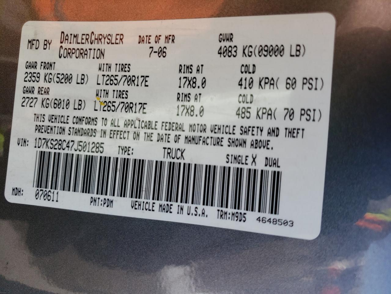 Photo 10 from auction – 2007 DODGE RAM 2500 S with VIN 1D7KS28C47J501285