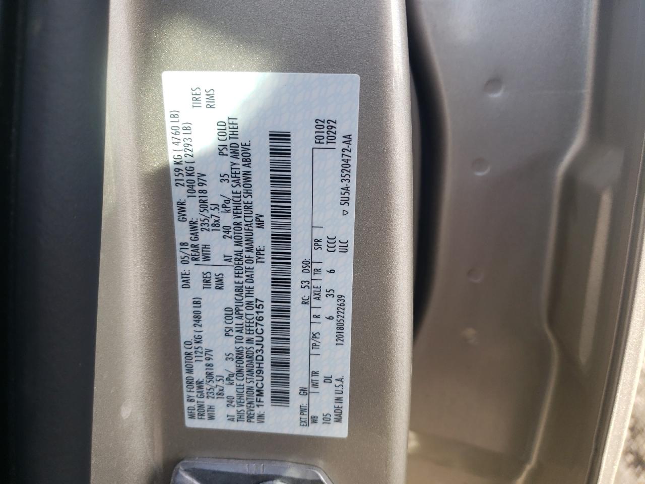 Photo 10 from auction – 2018 FORD ESCAPE SEL with VIN 1FMCU9HD3JUC76157