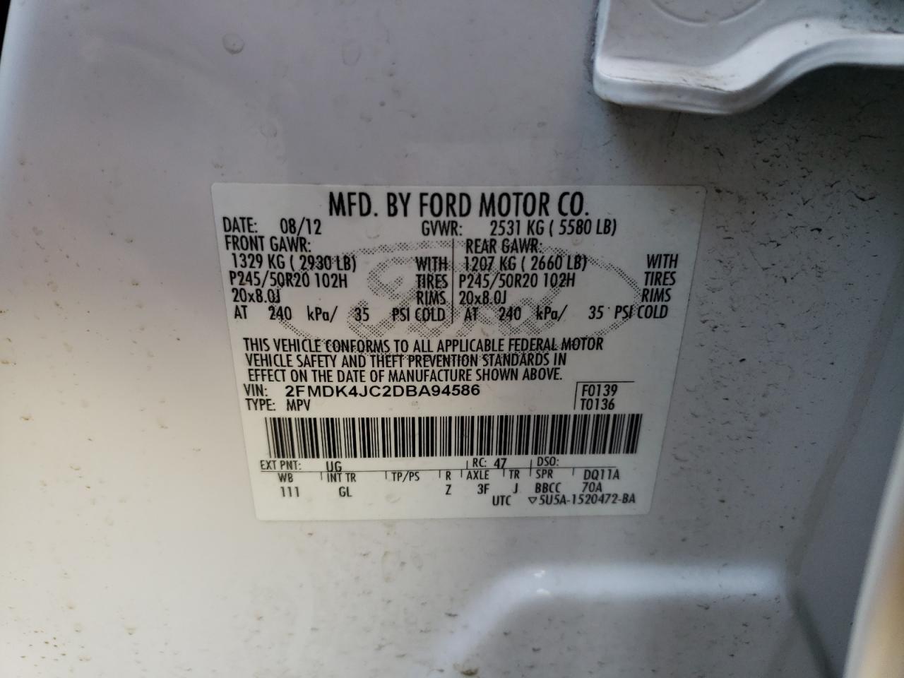 Photo 10 from auction – 2013 FORD EDGE SEL with VIN 2FMDK4JC2DBA94586