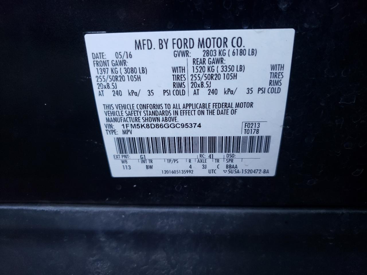 Photo 10 from auction – 2016 FORD EXPLORER X with VIN 1FM5K8D86GGC95374