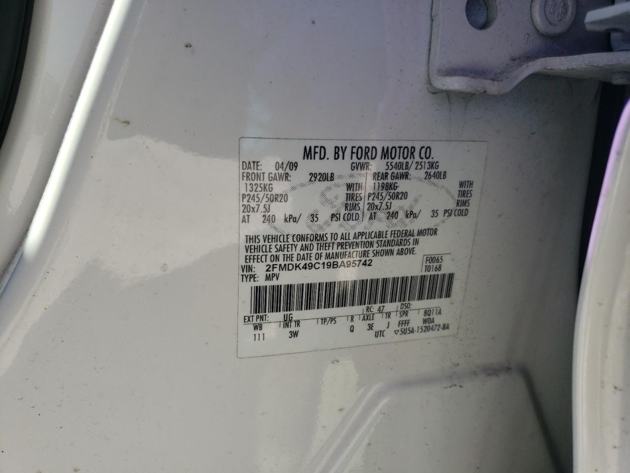 Photo 10 from auction – 2009 FORD EDGE LIMIT with VIN 2FMDK49C19BA95742