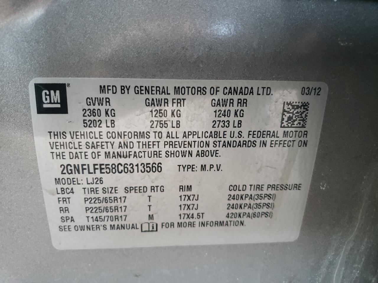 Photo 10 from auction – 2012 CHEVROLET EQUINOX LT with VIN 2GNFLFE58C6313566