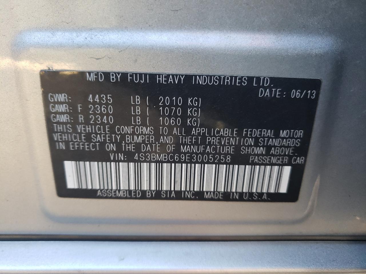 Photo 10 from auction – 2014 SUBARU LEGACY 2.5 with VIN 4S3BMBC69E3005258