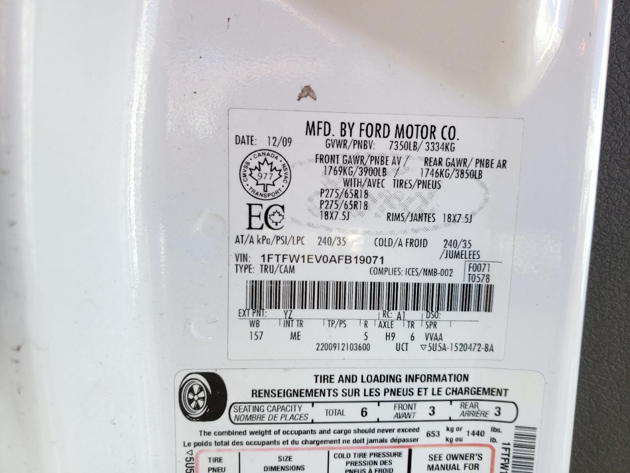 Photo 10 from auction – 2010 FORD F150 SUPER with VIN 1FTFW1EV0AFB19071
