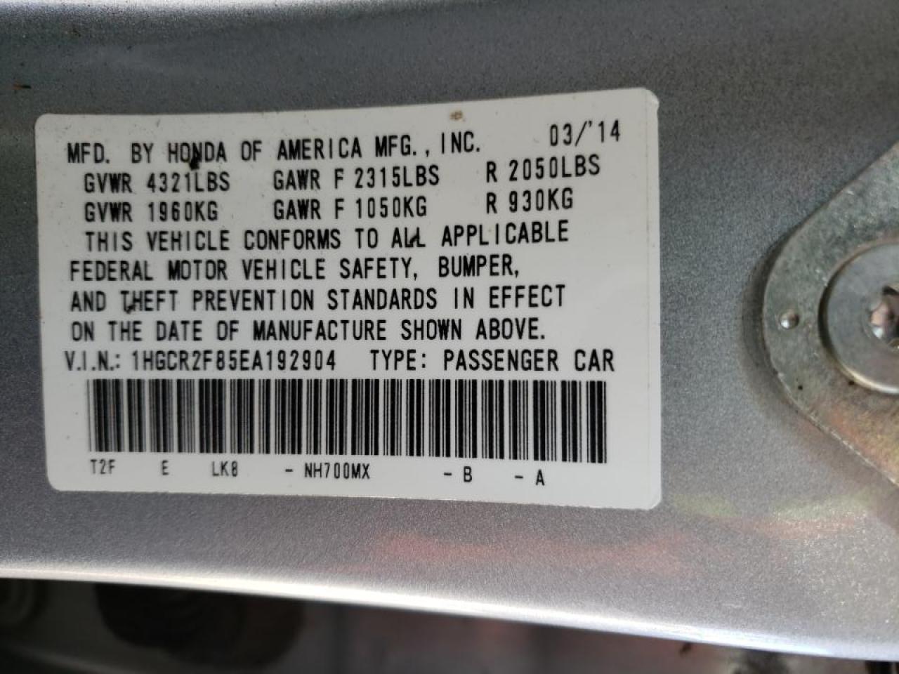 Photo 10 from auction – 2014 HONDA ACCORD EXL with VIN 1HGCR2F85EA192904