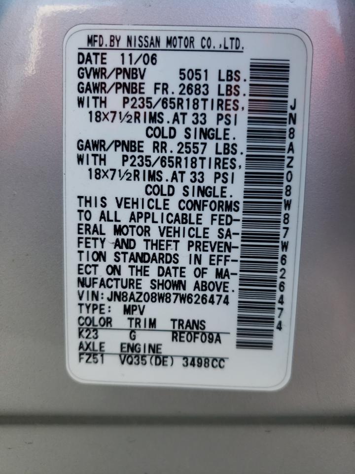 Photo 10 from auction – 2007 NISSAN MURANO SL with VIN JN8AZ08W87W626474