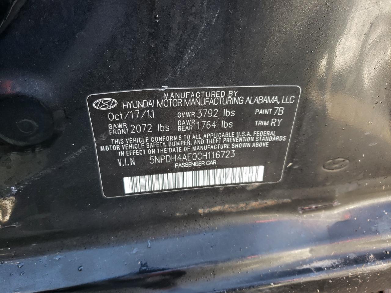 Photo 10 from auction – 2012 HYUNDAI ELANTRA GL with VIN 5NPDH4AE0CH116723