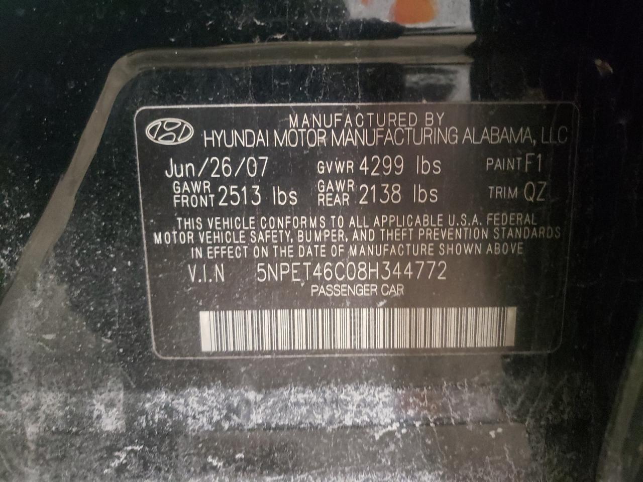 Photo 10 from auction – 2008 HYUNDAI SONATA GLS with VIN 5NPET46C08H344772