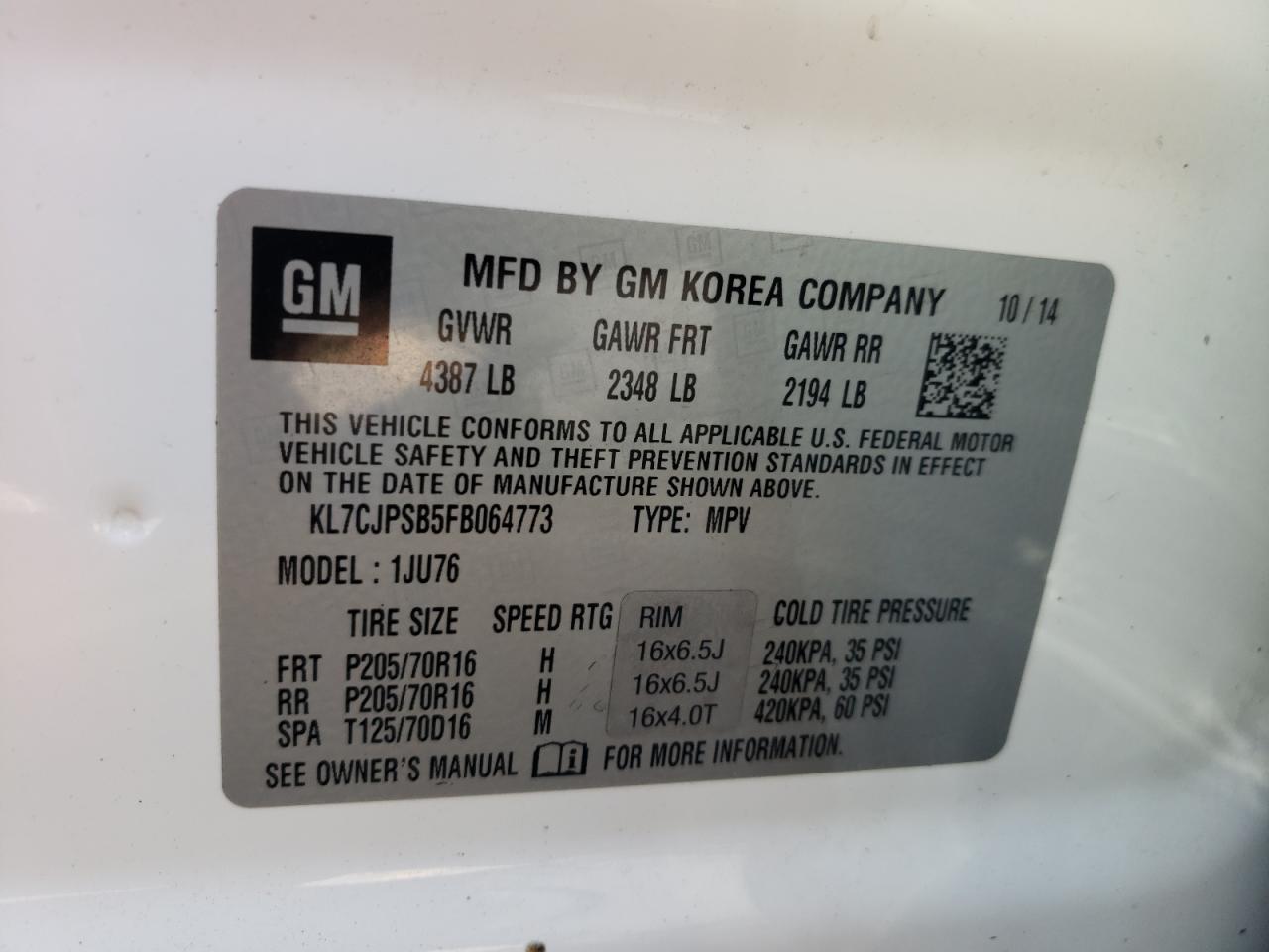 Photo 10 from auction – 2015 CHEVROLET TRAX 1LS with VIN KL7CJPSB5FB064773