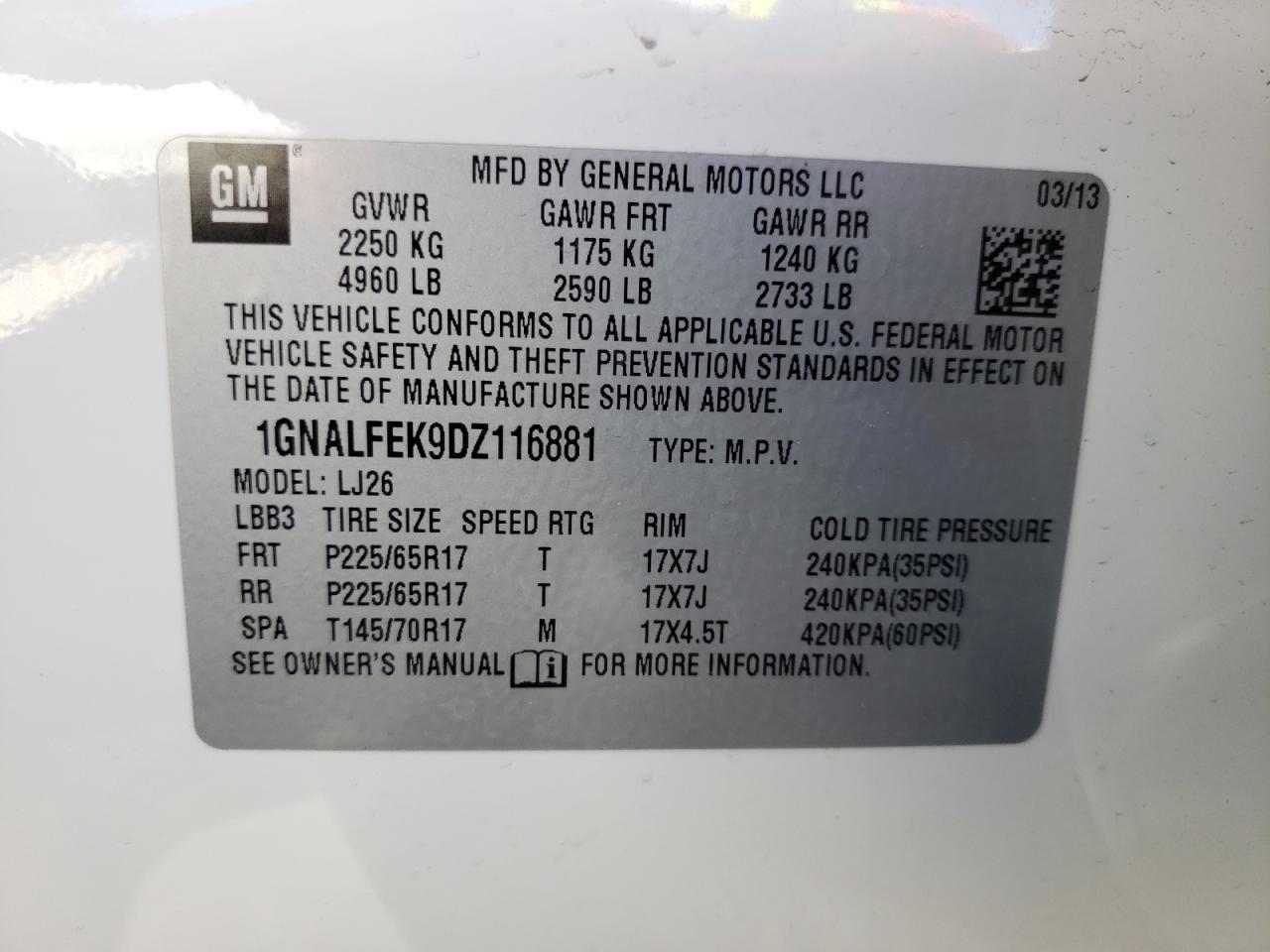 Photo 10 from auction – 2013 CHEVROLET EQUINOX LT with VIN 1GNALFEK9DZ116881