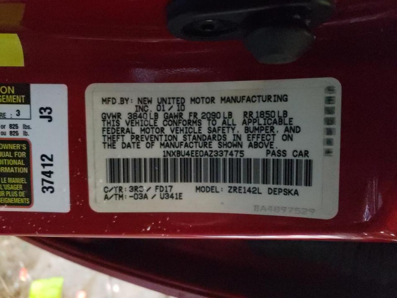 Photo 10 from auction – 2010 TOYOTA COROLLA BA with VIN 1NXBU4EE0AZ337475