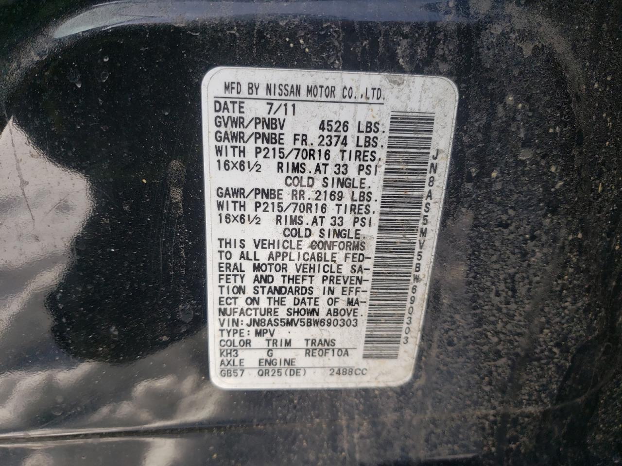 Photo 10 from auction – 2011 NISSAN ROGUE S with VIN JN8AS5MV5BW690303