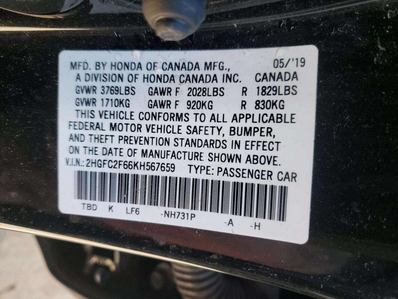 Photo 10 from auction – 2019 HONDA CIVIC LX with VIN 2HGFC2F66KH567659