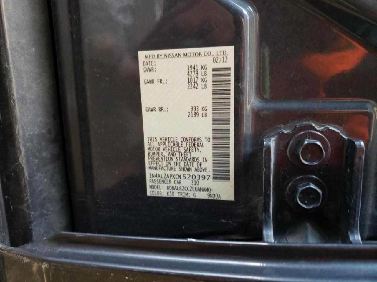 Photo 10 from auction – 2012 NISSAN ALTIMA BAS with VIN 1N4AL2APXCN520397