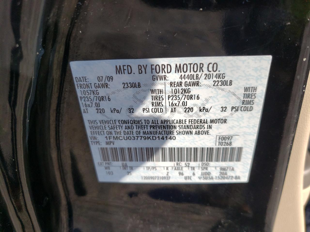 Photo 10 from auction – 2009 FORD ESCAPE XLT with VIN 1FMCU03779KD14140